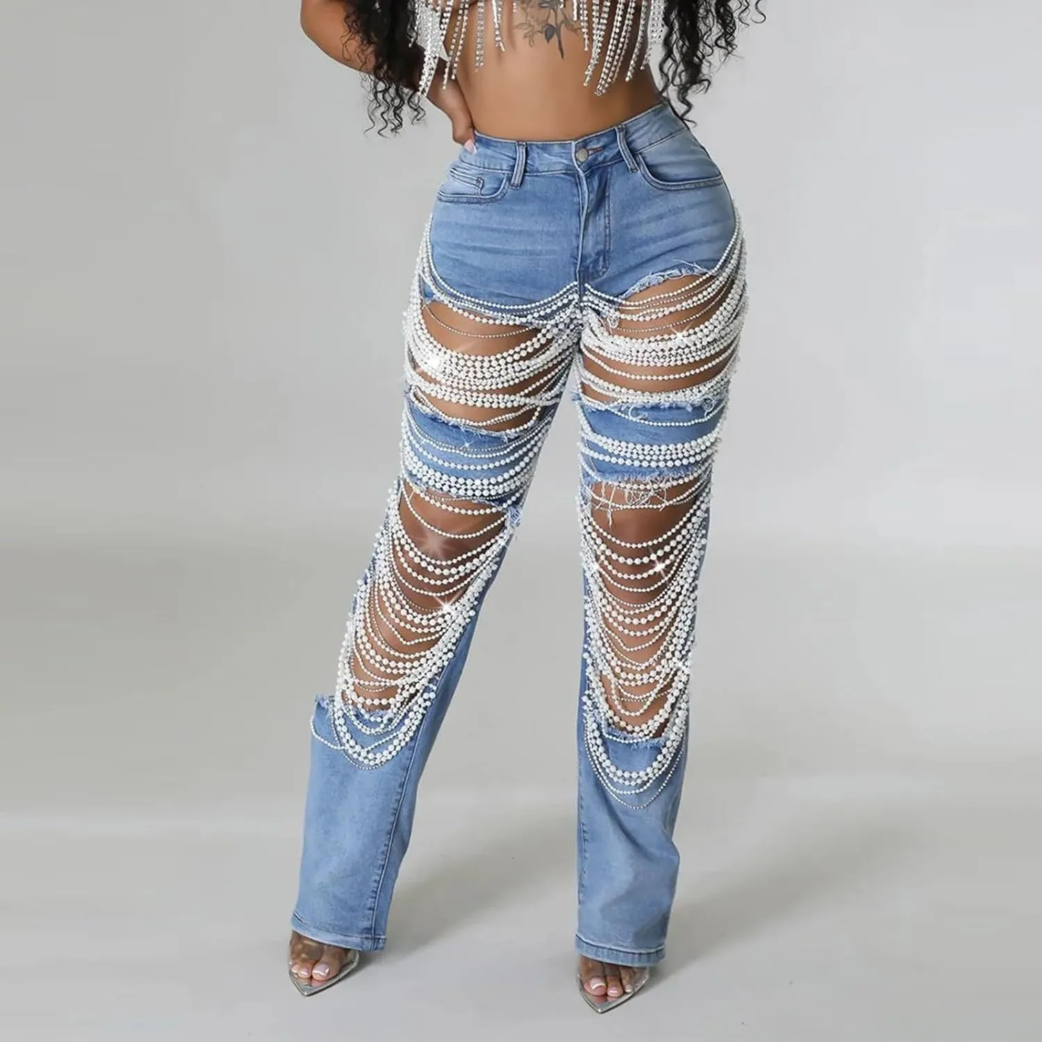 Womens Sexy Ripped Jeans High Waisted Rhinestones Pearl Chains Distressed Clubwear Denim Pants Fashion Streetwear