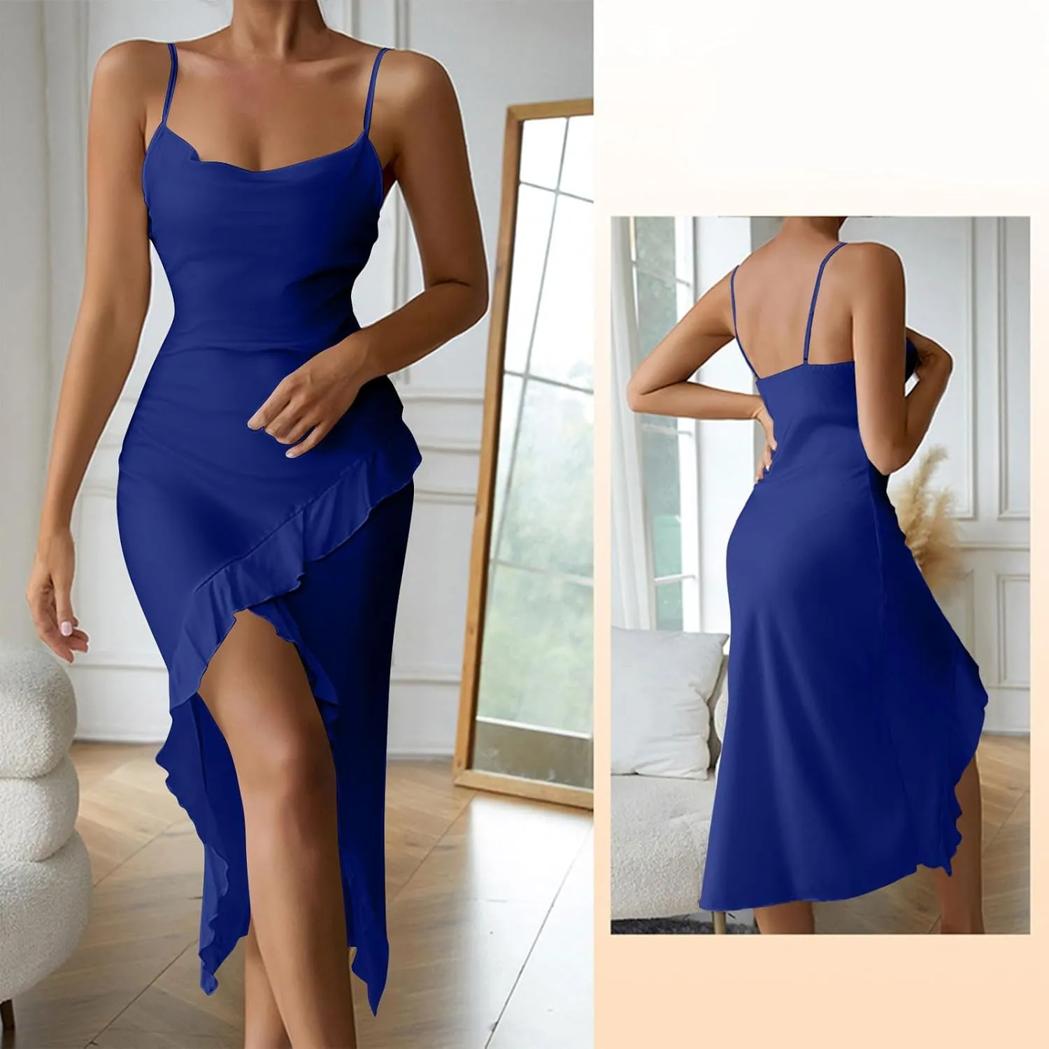 Womens Sexy V-Neck Satin Party Cocktail Midi Dress Sleeveless Slit Front Bodycon Wrap Ruffle Mermaid Formal Dresses
