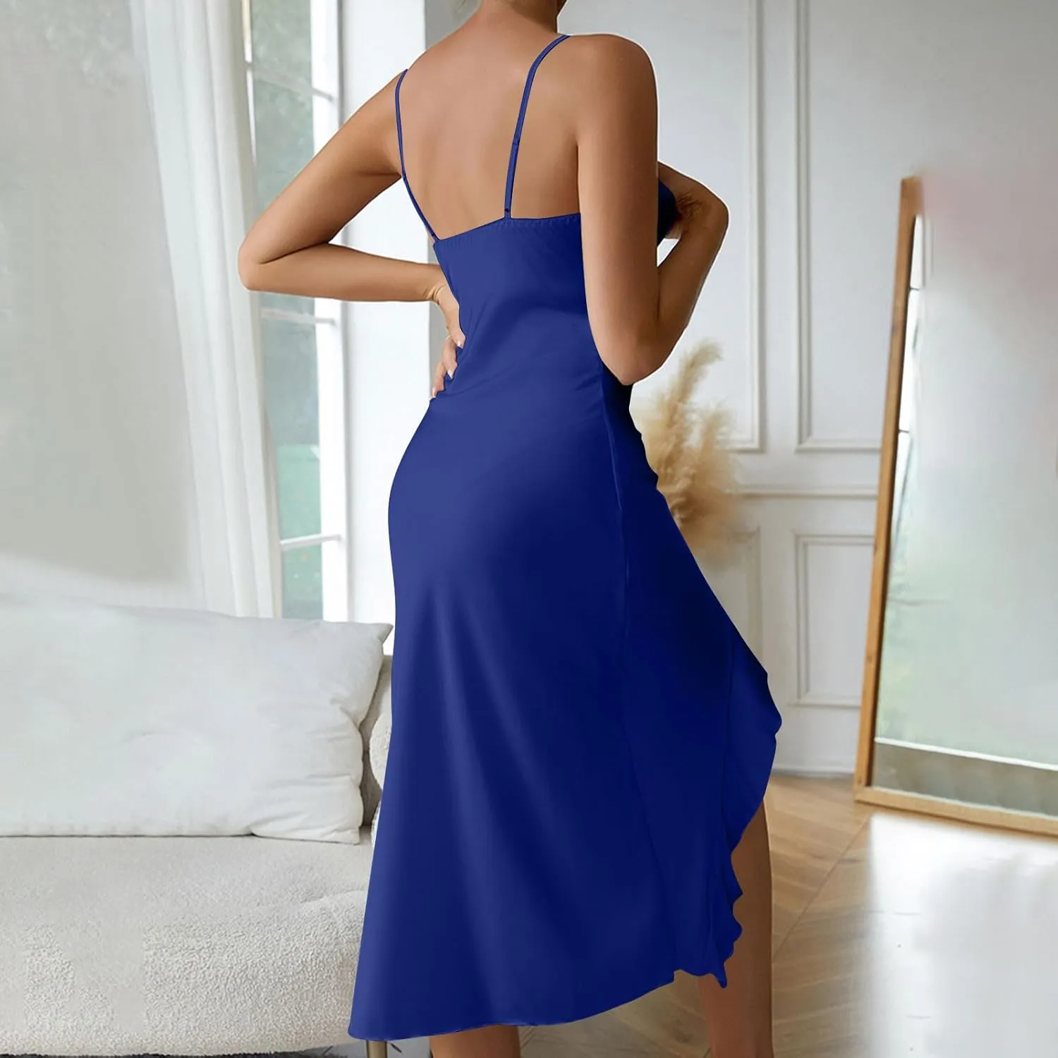Womens Sexy V-Neck Satin Party Cocktail Midi Dress Sleeveless Slit Front Bodycon Wrap Ruffle Mermaid Formal Dresses