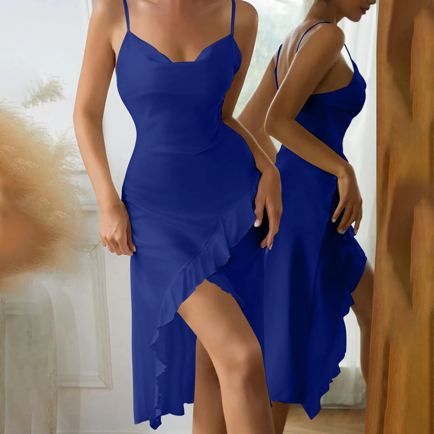 Womens Sexy V-Neck Satin Party Cocktail Midi Dress Sleeveless Slit Front Bodycon Wrap Ruffle Mermaid Formal Dresses