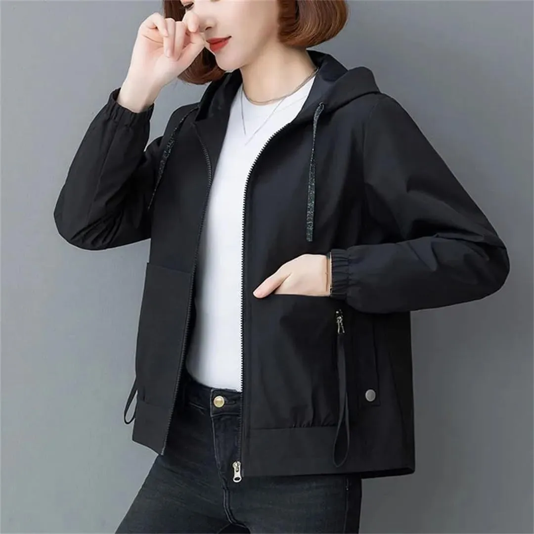 Women's Short Hooded Trench Coat Multi-Pocket Zipper Loose Casual Jacket