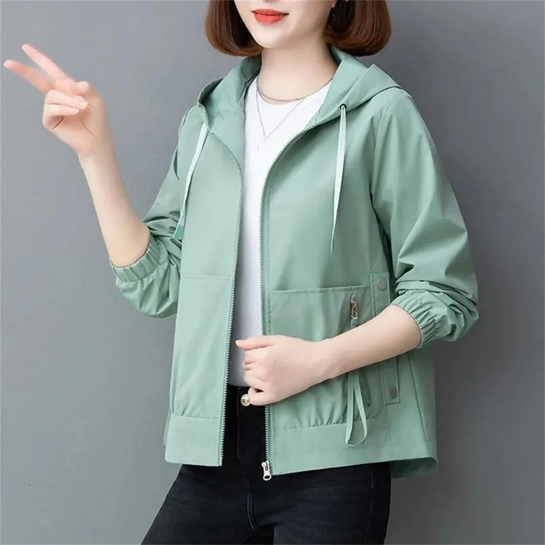 Women's Short Hooded Trench Coat Multi-Pocket Zipper Loose Casual Jacket