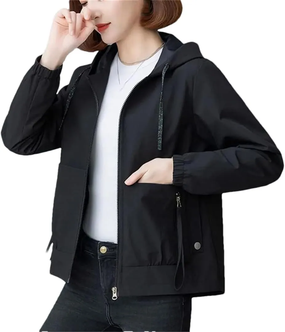 Women's Short Hooded Trench Coat Multi-Pocket Zipper Loose Casual Jacket