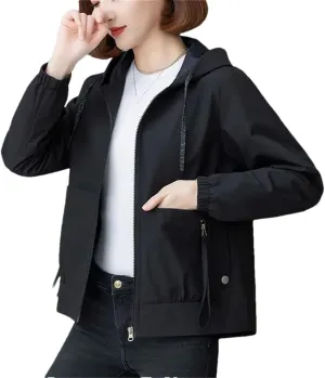 Women's Short Hooded Trench Coat Multi-Pocket Zipper Loose Casual Jacket