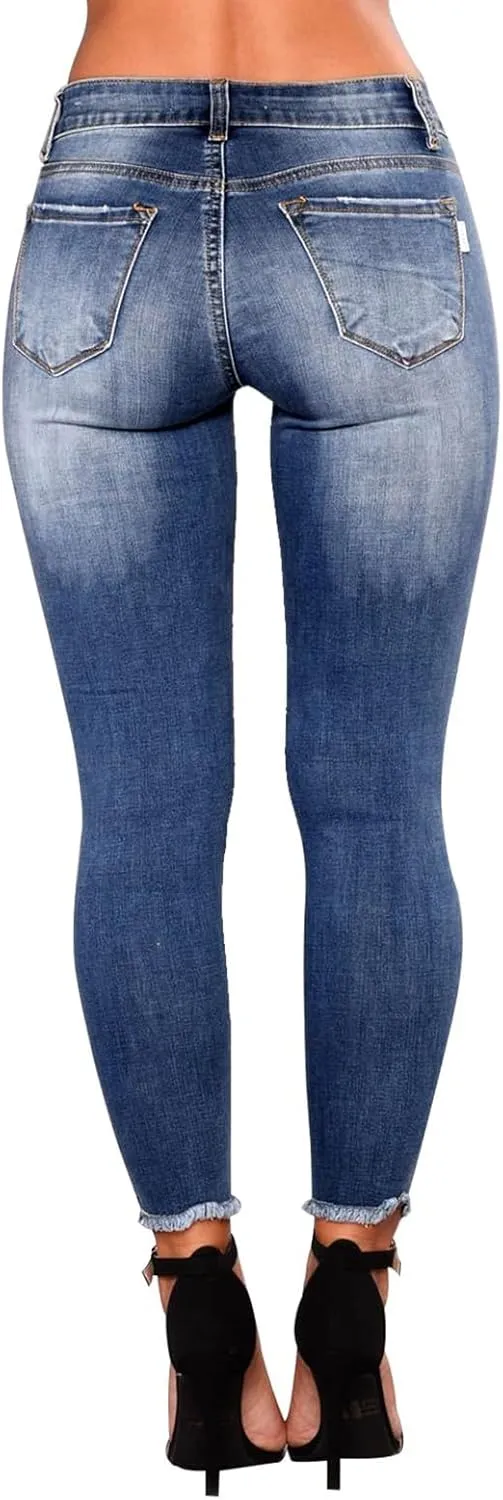 Womens Skinny Jeans Ripped High Waist Vitange Distressed Mom Jeans Tummy Control Stretchy Jeggings with Pockets