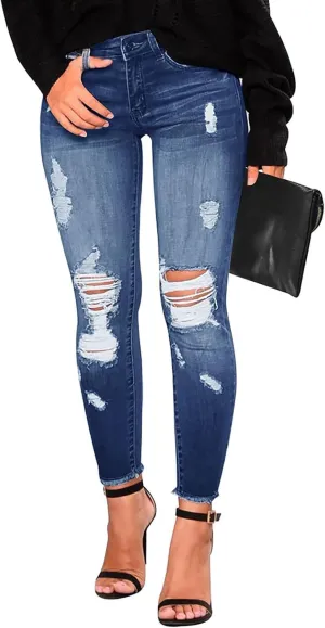 Womens Skinny Jeans Ripped High Waist Vitange Distressed Mom Jeans Tummy Control Stretchy Jeggings with Pockets