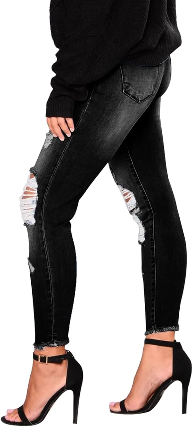 Womens Skinny Jeans Ripped High Waist Vitange Distressed Mom Jeans Tummy Control Stretchy Jeggings with Pockets