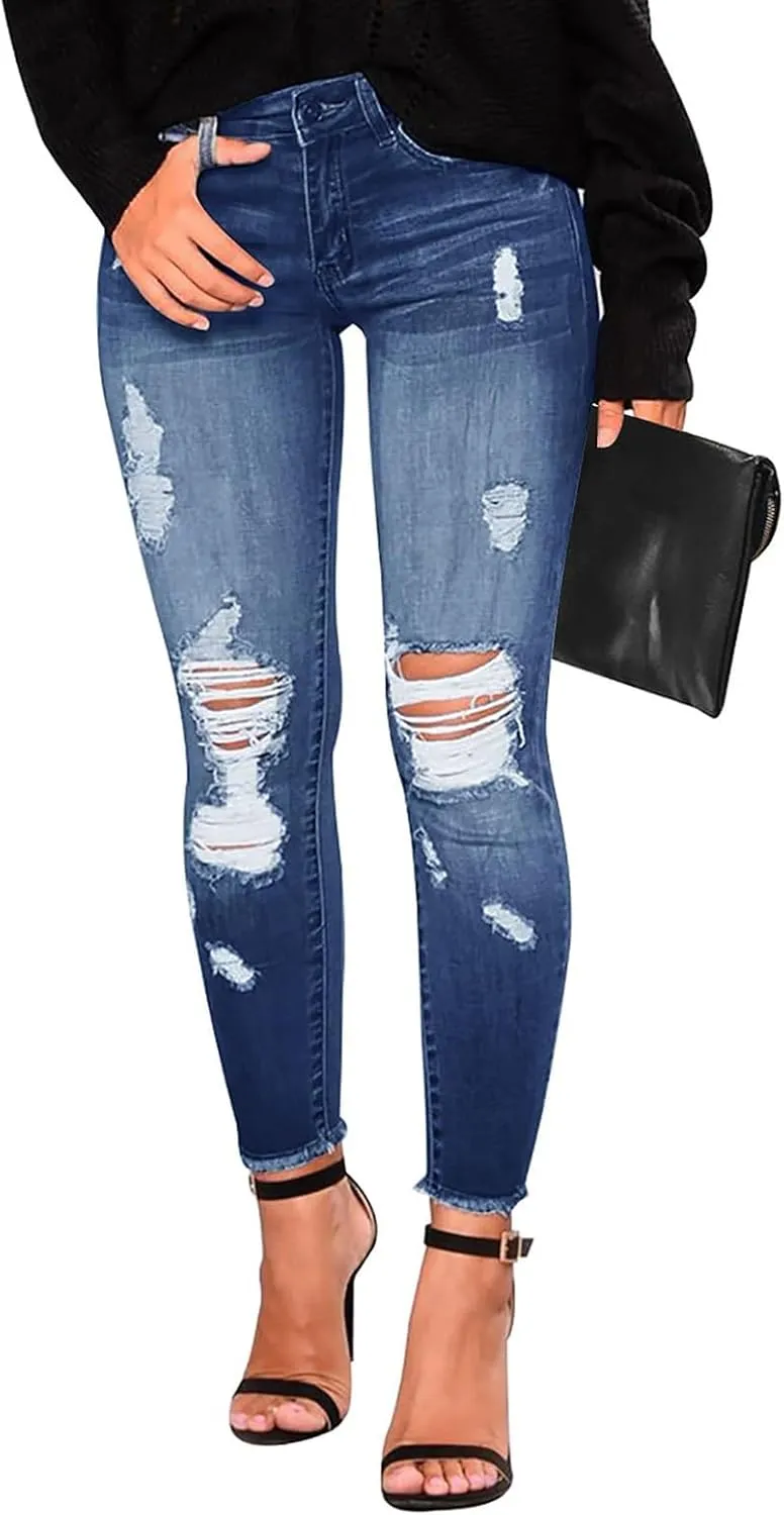 Womens Skinny Jeans Ripped High Waist Vitange Distressed Mom Jeans Tummy Control Stretchy Jeggings with Pockets