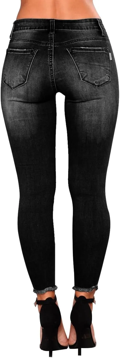 Womens Skinny Jeans Ripped High Waist Vitange Distressed Mom Jeans Tummy Control Stretchy Jeggings with Pockets