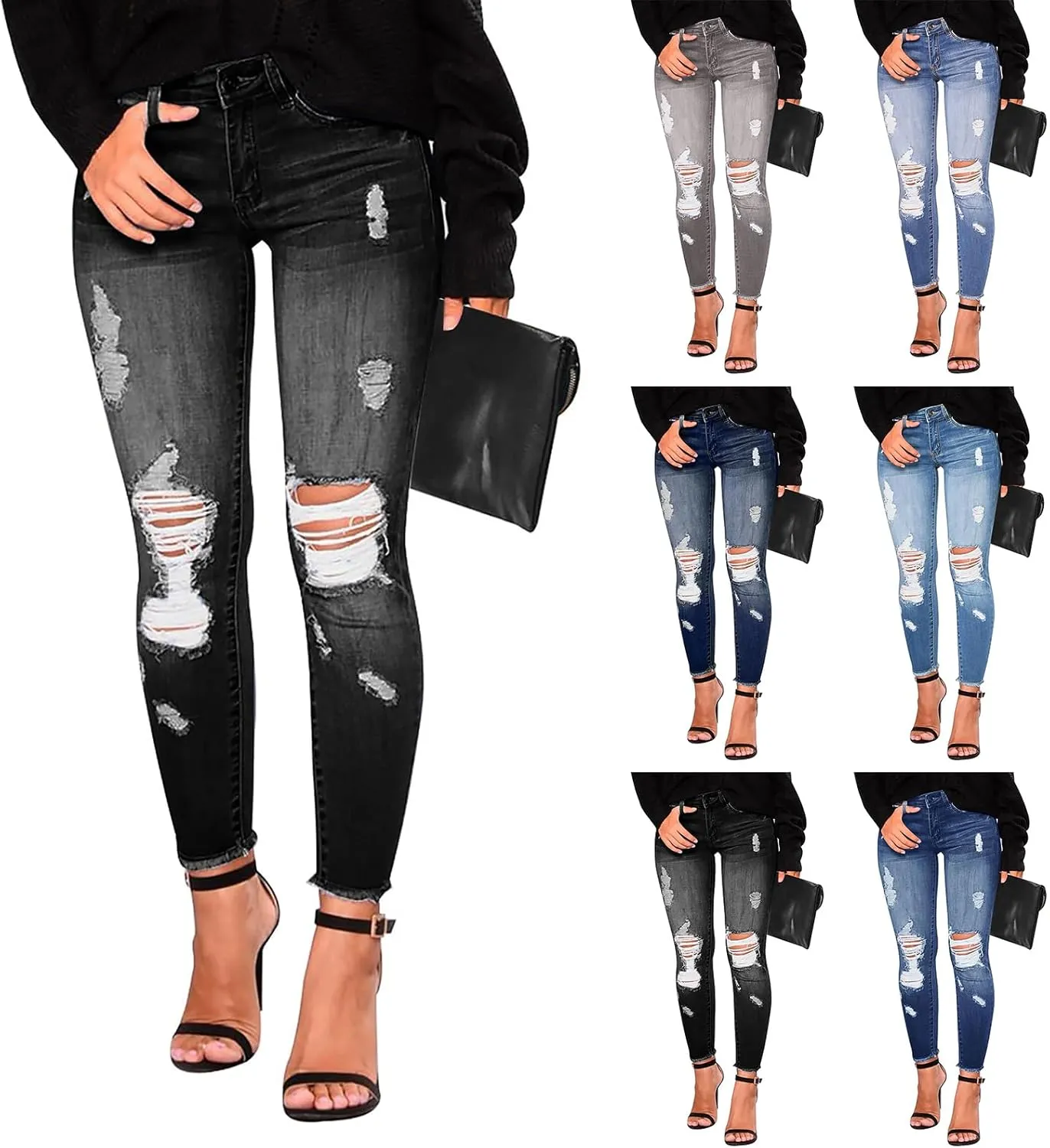 Womens Skinny Jeans Ripped High Waist Vitange Distressed Mom Jeans Tummy Control Stretchy Jeggings with Pockets