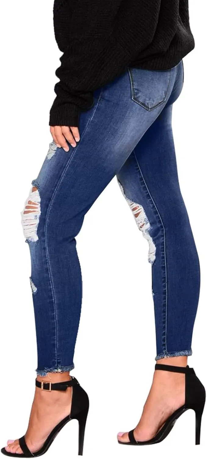 Womens Skinny Jeans Ripped High Waist Vitange Distressed Mom Jeans Tummy Control Stretchy Jeggings with Pockets