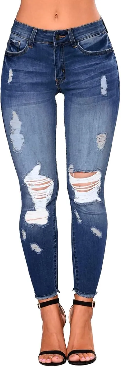 Womens Skinny Jeans Ripped High Waist Vitange Distressed Mom Jeans Tummy Control Stretchy Jeggings with Pockets