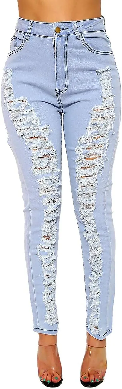 Women's Skinny Ripped Jeans Stretch Destroyed Mid High Waist Denim Pants