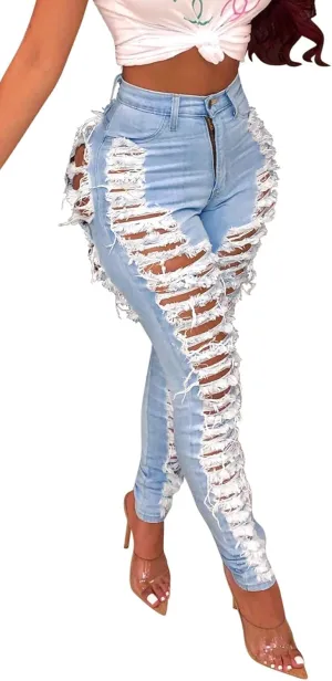 Women's Skinny Ripped Jeans Stretch Destroyed Mid High Waist Denim Pants