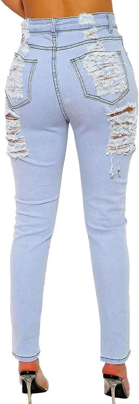 Women's Skinny Ripped Jeans Stretch Destroyed Mid High Waist Denim Pants