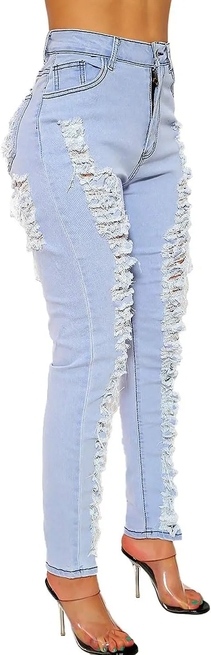 Women's Skinny Ripped Jeans Stretch Destroyed Mid High Waist Denim Pants