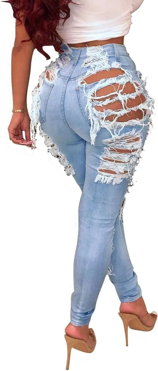 Women's Skinny Ripped Jeans Stretch Destroyed Mid High Waist Denim Pants
