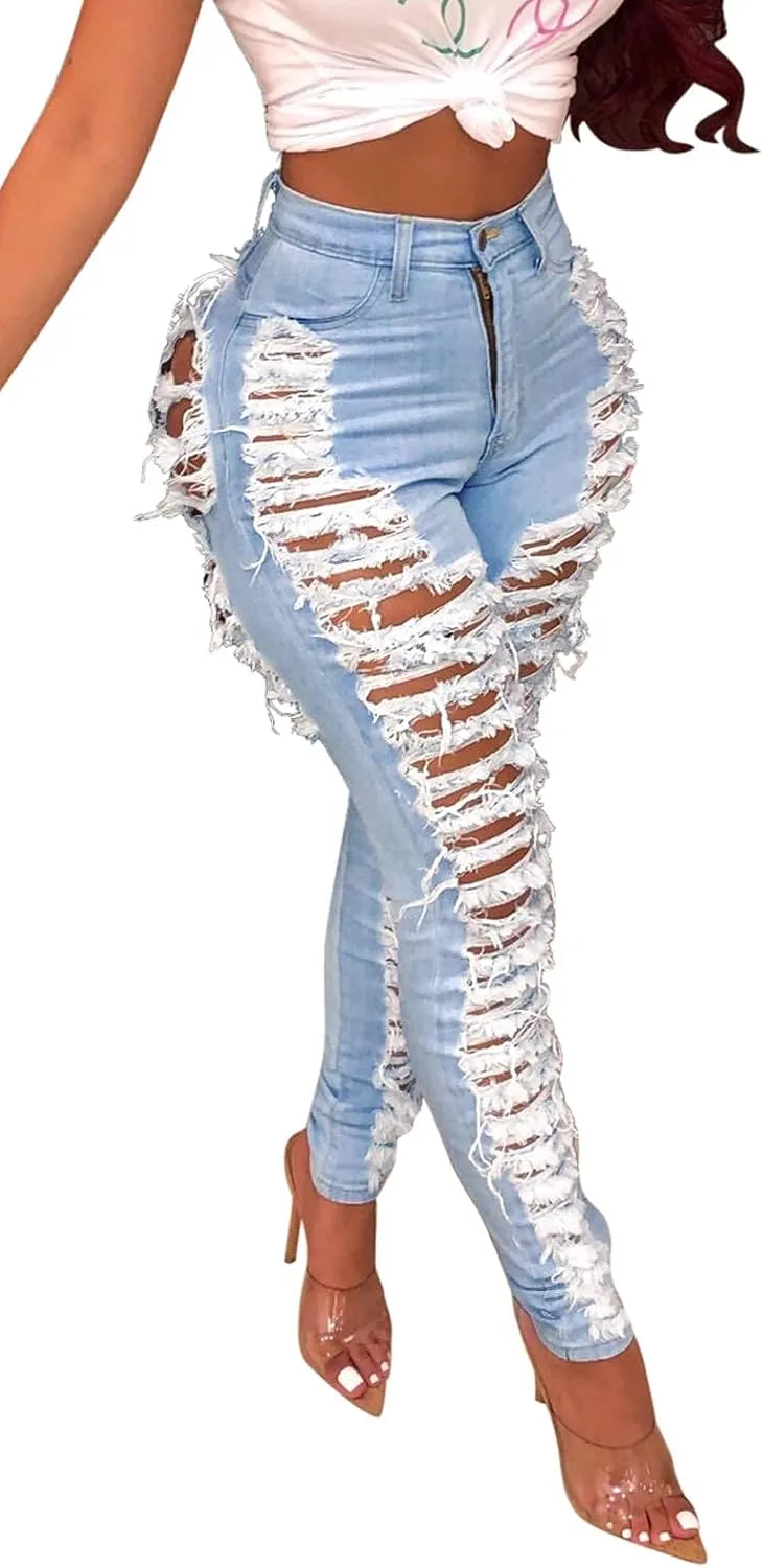 Women's Skinny Ripped Jeans Stretch Destroyed Mid High Waist Denim Pants