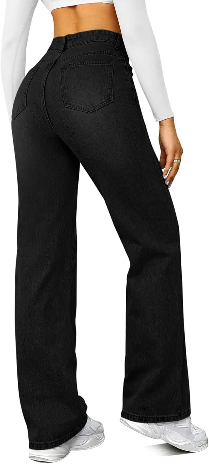 Womens Straight Leg Jeans High Waisted Trendy Welt Stretchy Baggy Loose Denim Pants with Pockets