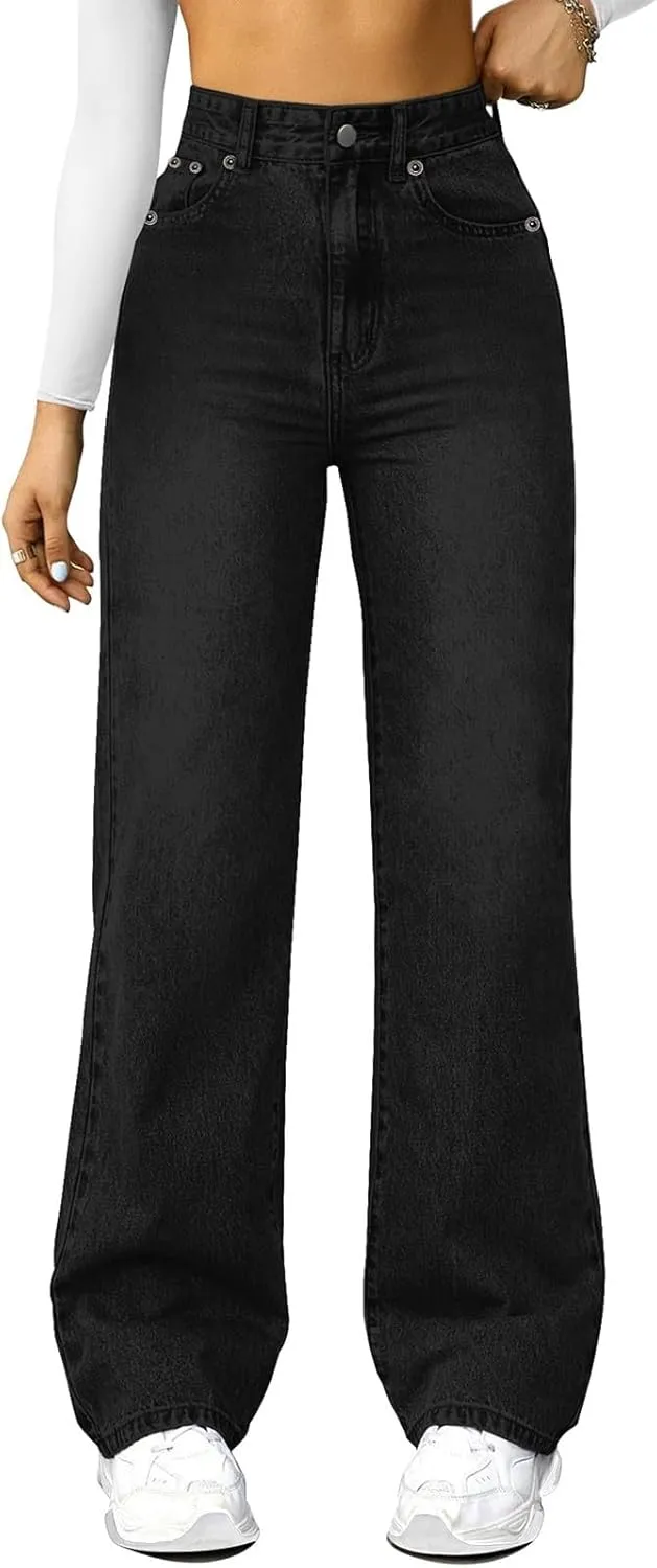 Womens Straight Leg Jeans High Waisted Trendy Welt Stretchy Baggy Loose Denim Pants with Pockets