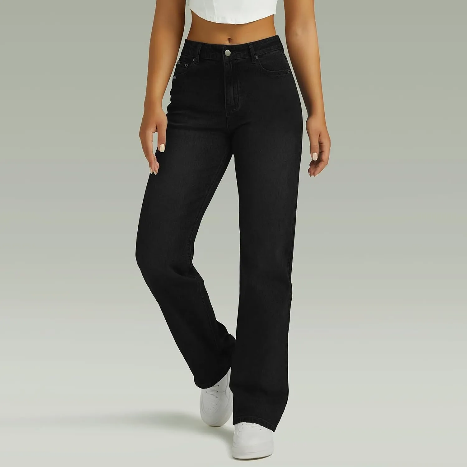 Womens Straight Leg Jeans High Waisted Trendy Welt Stretchy Baggy Loose Denim Pants with Pockets