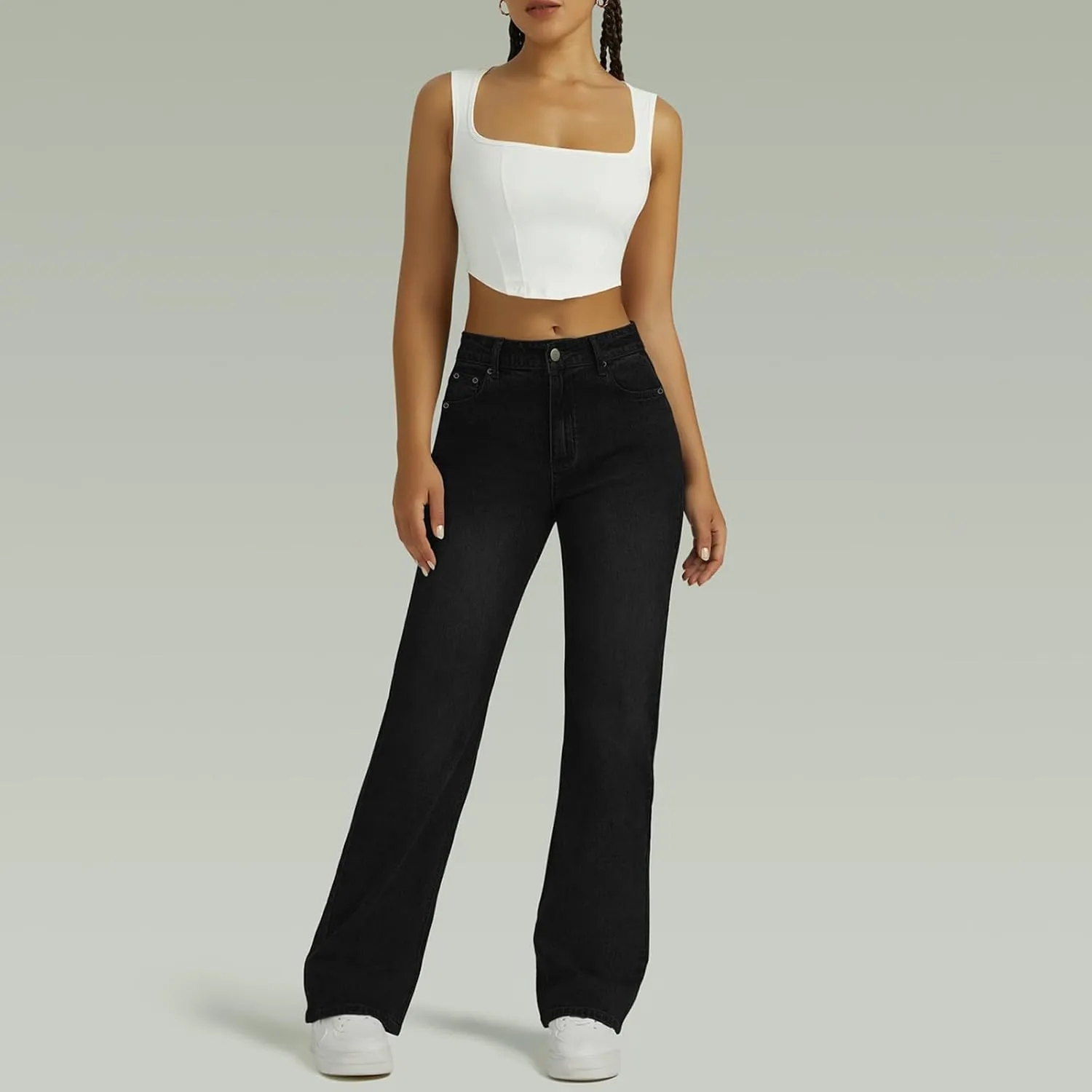 Womens Straight Leg Jeans High Waisted Trendy Welt Stretchy Baggy Loose Denim Pants with Pockets