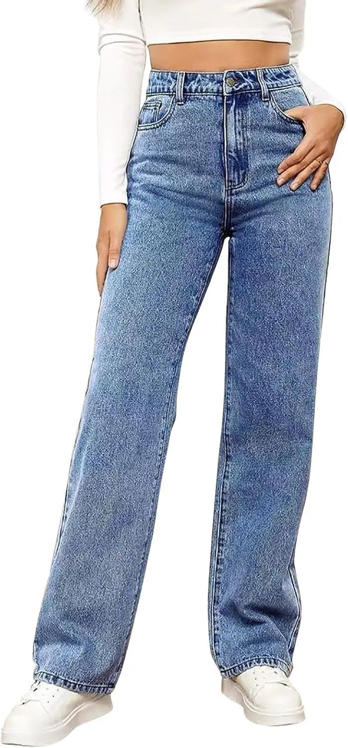 Womens Straight Leg Jeans Wide Leg High Waisted Stretchy Straight Leg Jeans Trendy Ankle Denim Pants with Pocket
