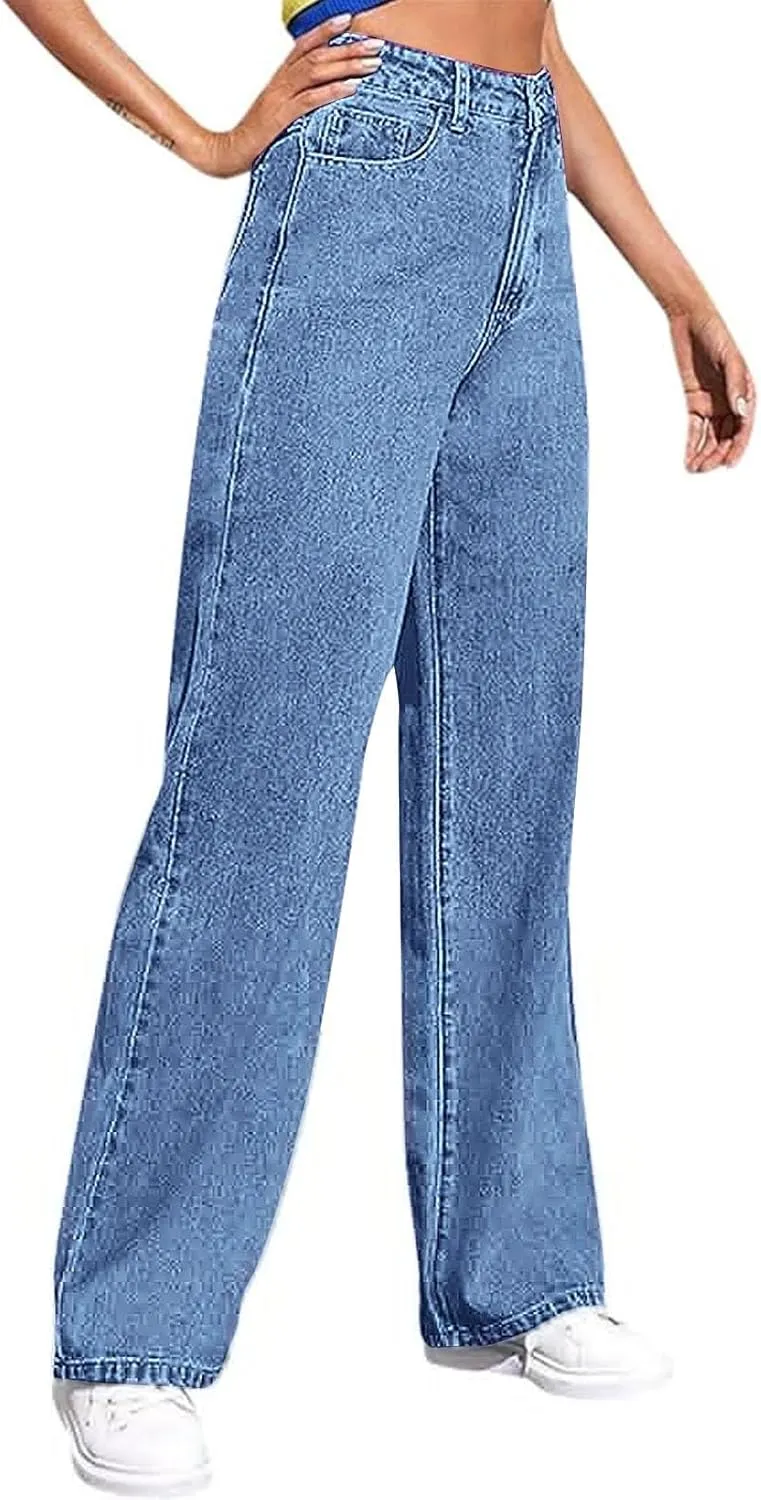 Womens Straight Leg Jeans Wide Leg High Waisted Stretchy Straight Leg Jeans Trendy Ankle Denim Pants with Pocket