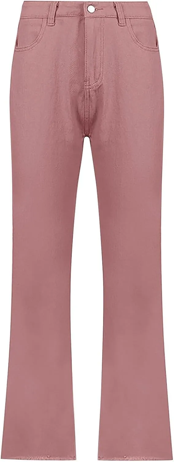 Women's Stretch Bell Bottom Jeans High Waisted Wide Leg Denim Pants Y2K Patterned Baggy Flared Hem Jeans