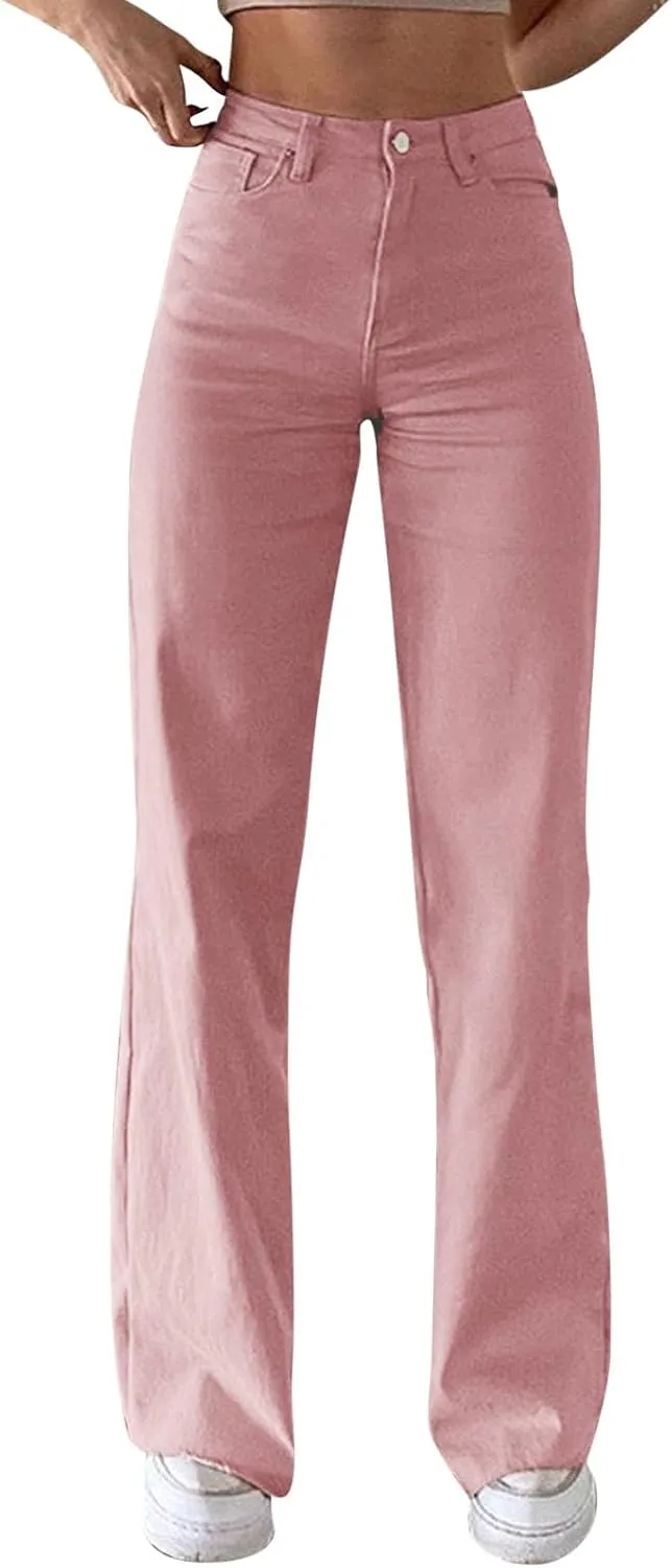 Women's Stretch Bell Bottom Jeans High Waisted Wide Leg Denim Pants Y2K Patterned Baggy Flared Hem Jeans