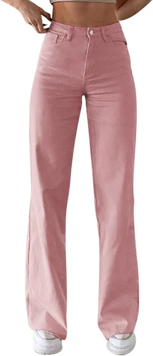 Women's Stretch Bell Bottom Jeans High Waisted Wide Leg Denim Pants Y2K Patterned Baggy Flared Hem Jeans