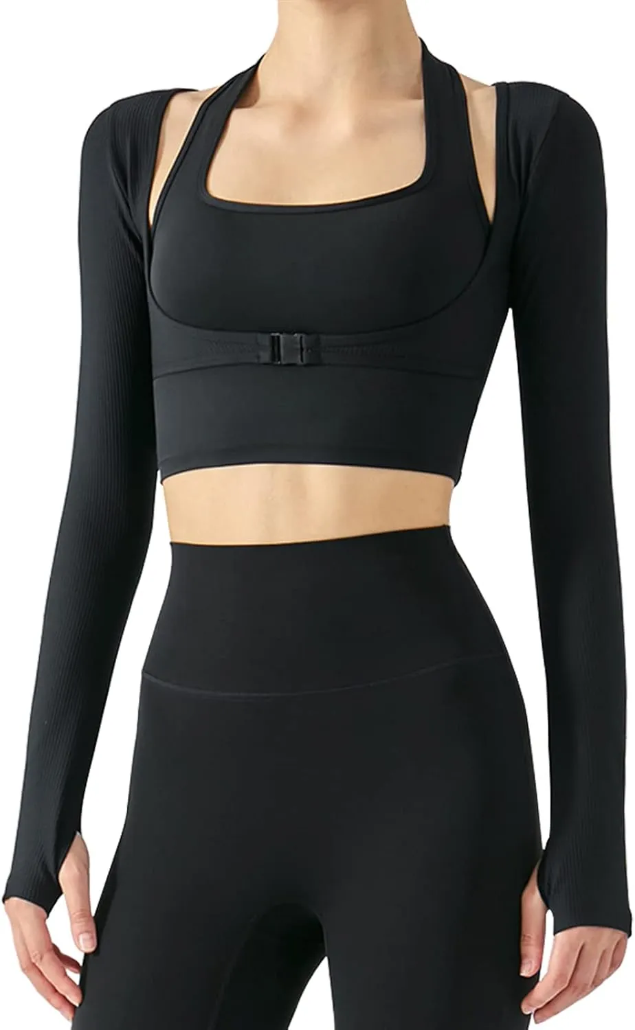 Women's Stretch Cutout Yoga Sports Jacket Long Sleeve Crop Top T Shirts with Thumb Holes