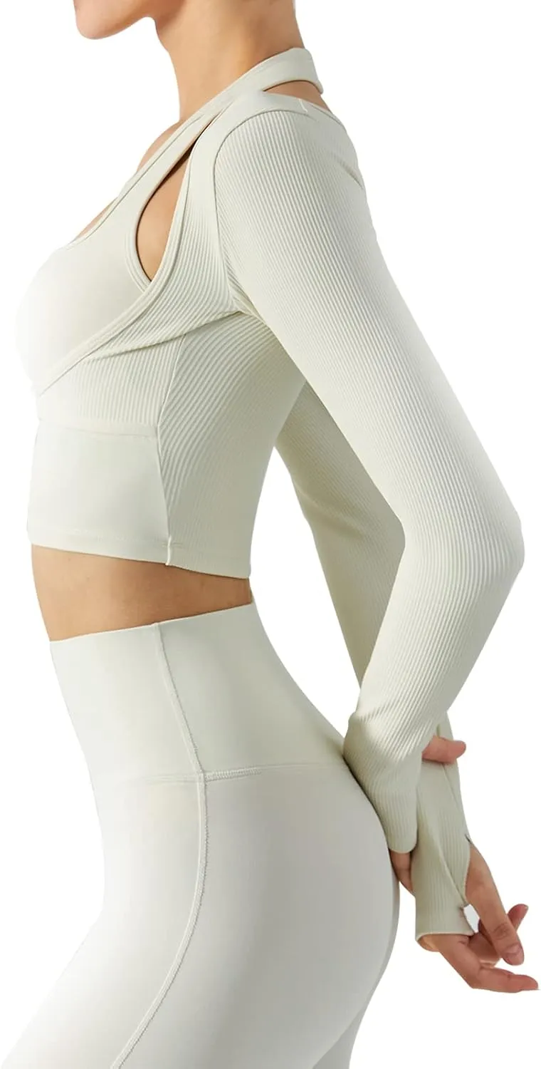Women's Stretch Cutout Yoga Sports Jacket Long Sleeve Crop Top T Shirts with Thumb Holes