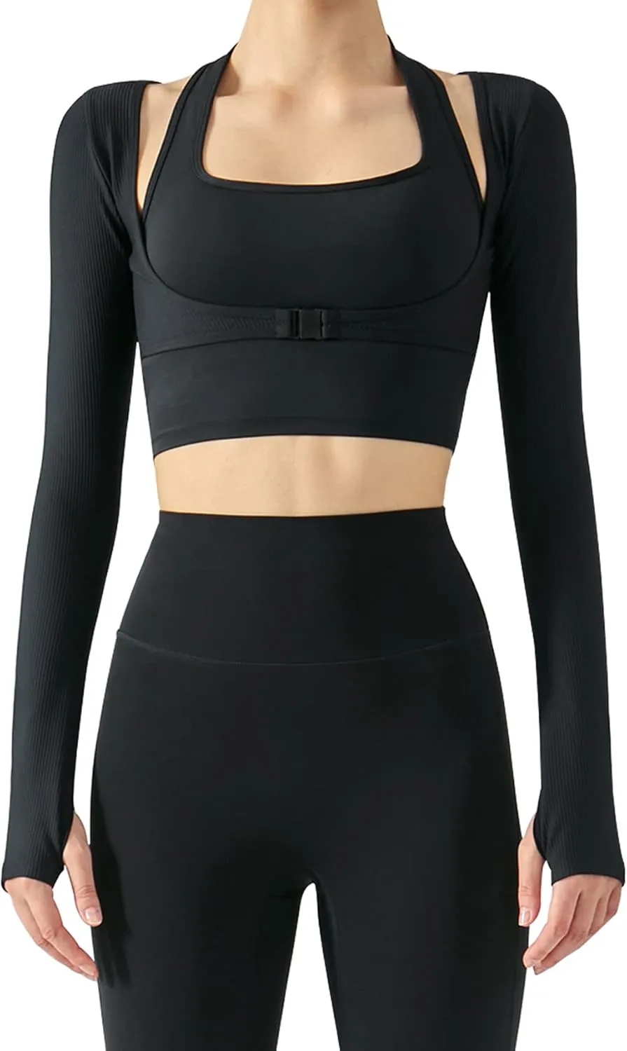 Women's Stretch Cutout Yoga Sports Jacket Long Sleeve Crop Top T Shirts with Thumb Holes