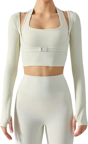 Women's Stretch Cutout Yoga Sports Jacket Long Sleeve Crop Top T Shirts with Thumb Holes