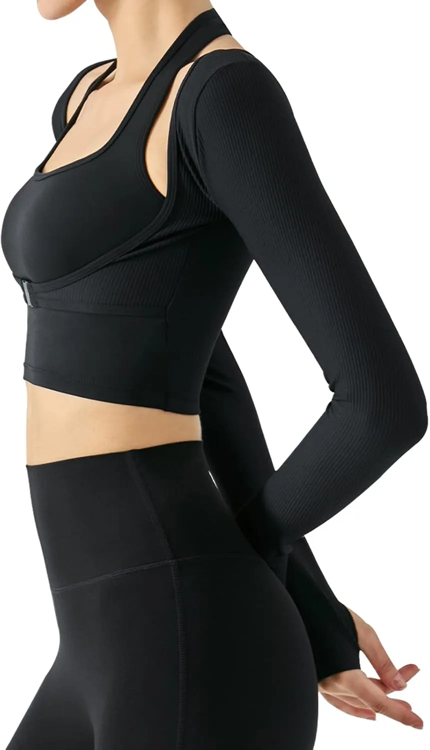 Women's Stretch Cutout Yoga Sports Jacket Long Sleeve Crop Top T Shirts with Thumb Holes