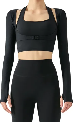 Women's Stretch Cutout Yoga Sports Jacket Long Sleeve Crop Top T Shirts with Thumb Holes