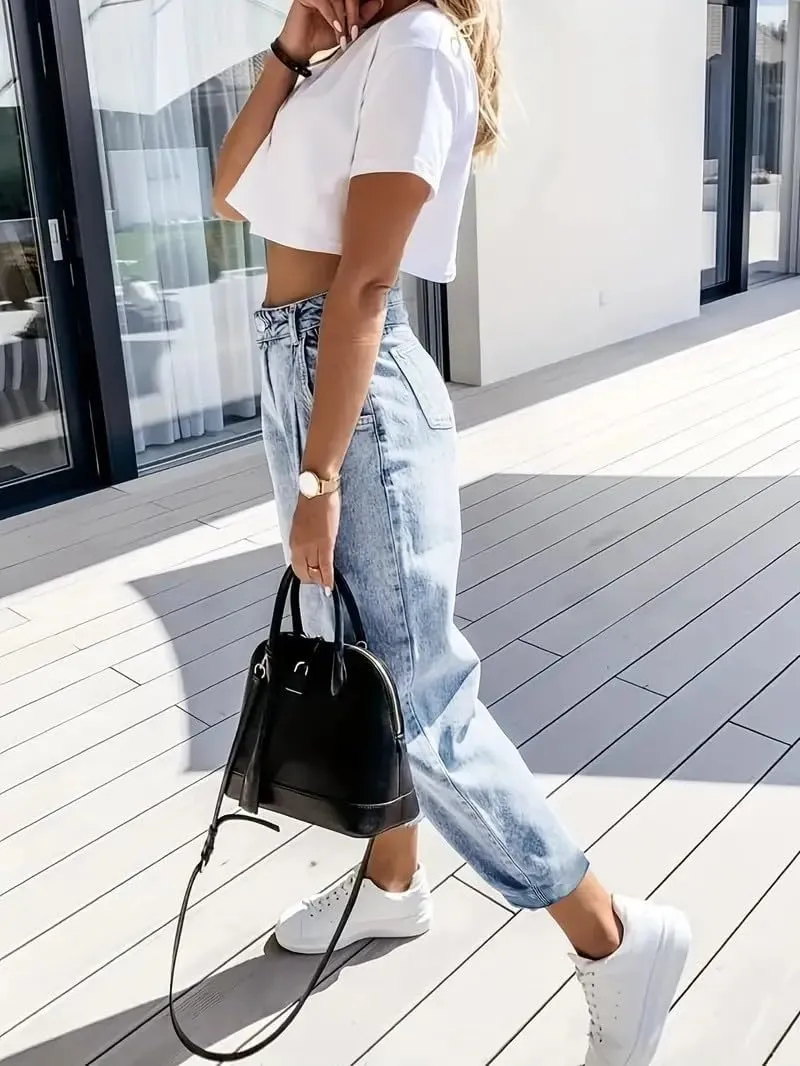 Women's Stretch Denim Jeans Light Blue High-Waisted Slim Fit Pants
