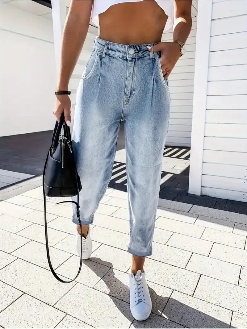 Women's Stretch Denim Jeans Light Blue High-Waisted Slim Fit Pants