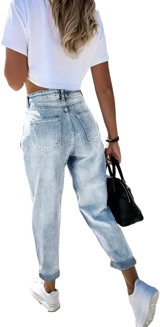 Women's Stretch Denim Jeans Light Blue High-Waisted Slim Fit Pants