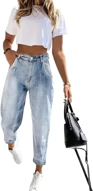 Women's Stretch Denim Jeans Light Blue High-Waisted Slim Fit Pants
