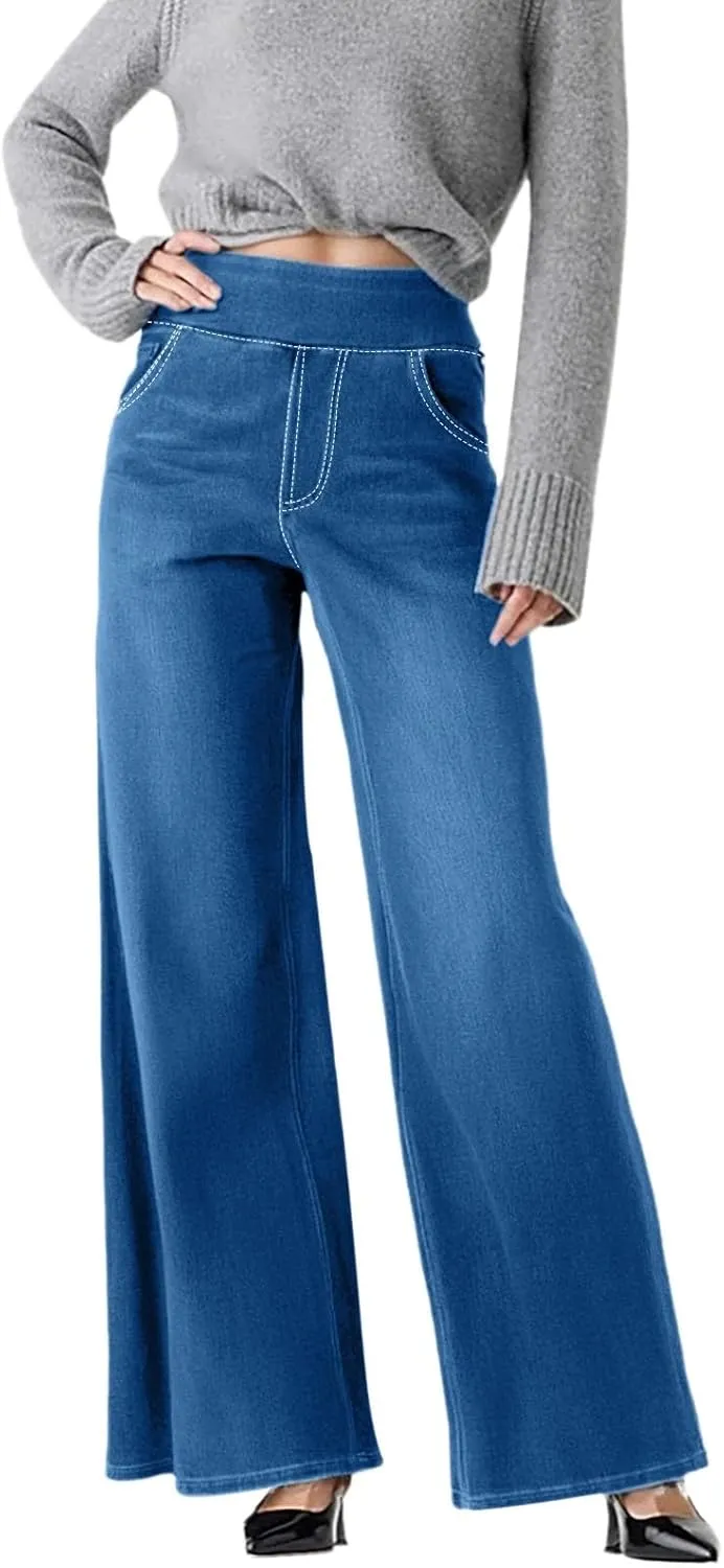 Womens Sweatpant Jeans Sweatpants That Look Like Jeans Stretchy High Waisted Wide Leg Denim Pants with Pockets