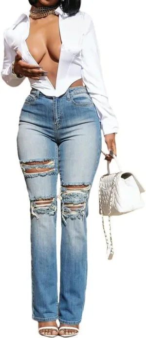 Women's Trendy High Waisted Ripped Jeans Washed Stretchy Skinny Boyfriend Slim Fit Straight Denim Pants