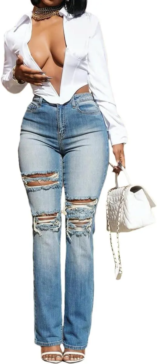 Women's Trendy High Waisted Ripped Jeans Washed Stretchy Skinny Boyfriend Slim Fit Straight Denim Pants