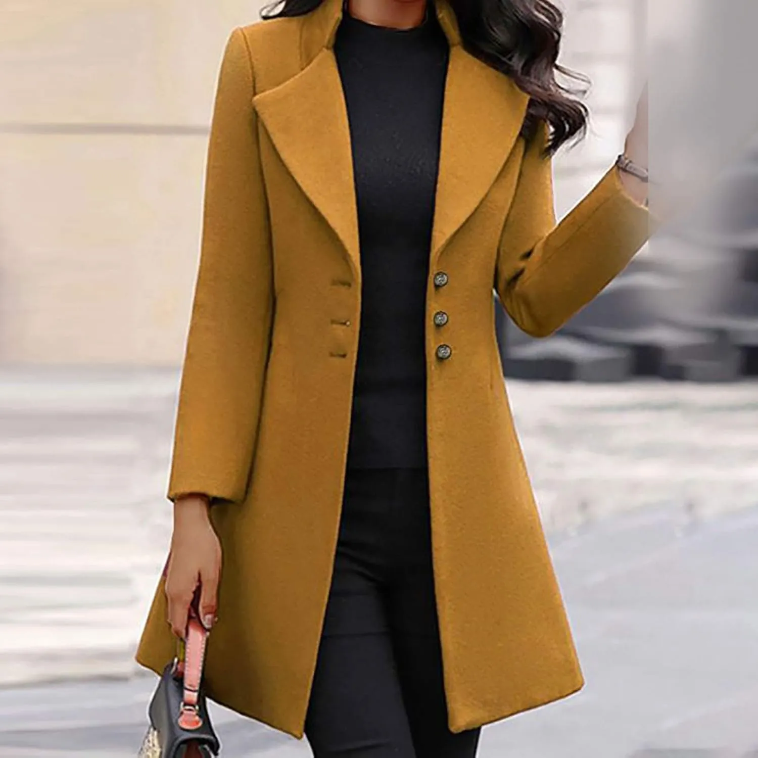 Womens Trendy Wool Blend Coat Elegant Single Breasted Mid Long Trench Coat Plus Size Fitted Fashion Pea Jackets