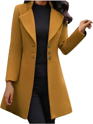 Womens Trendy Wool Blend Coat Elegant Single Breasted Mid Long Trench Coat Plus Size Fitted Fashion Pea Jackets