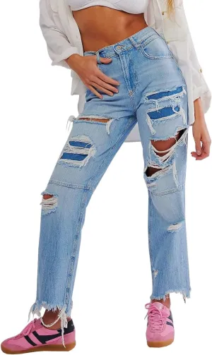 Women's Vintage High Waisted Ripped Jeans Washed Stretchy Skinny Boyfriend Straight Denim Pants