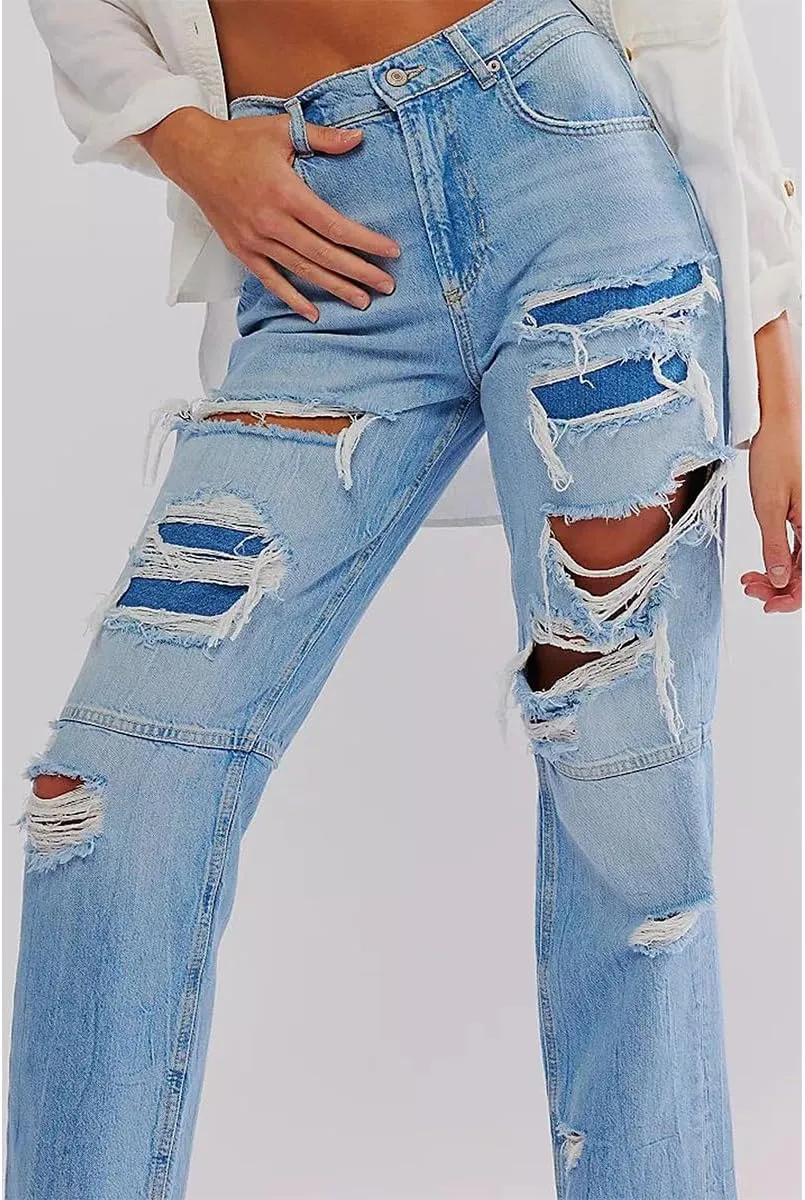 Women's Vintage High Waisted Ripped Jeans Washed Stretchy Skinny Boyfriend Straight Denim Pants