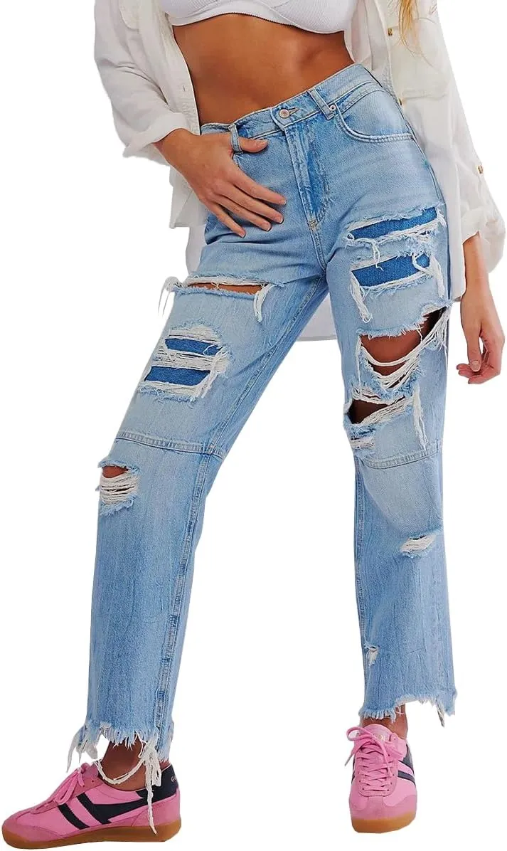 Women's Vintage High Waisted Ripped Jeans Washed Stretchy Skinny Boyfriend Straight Denim Pants