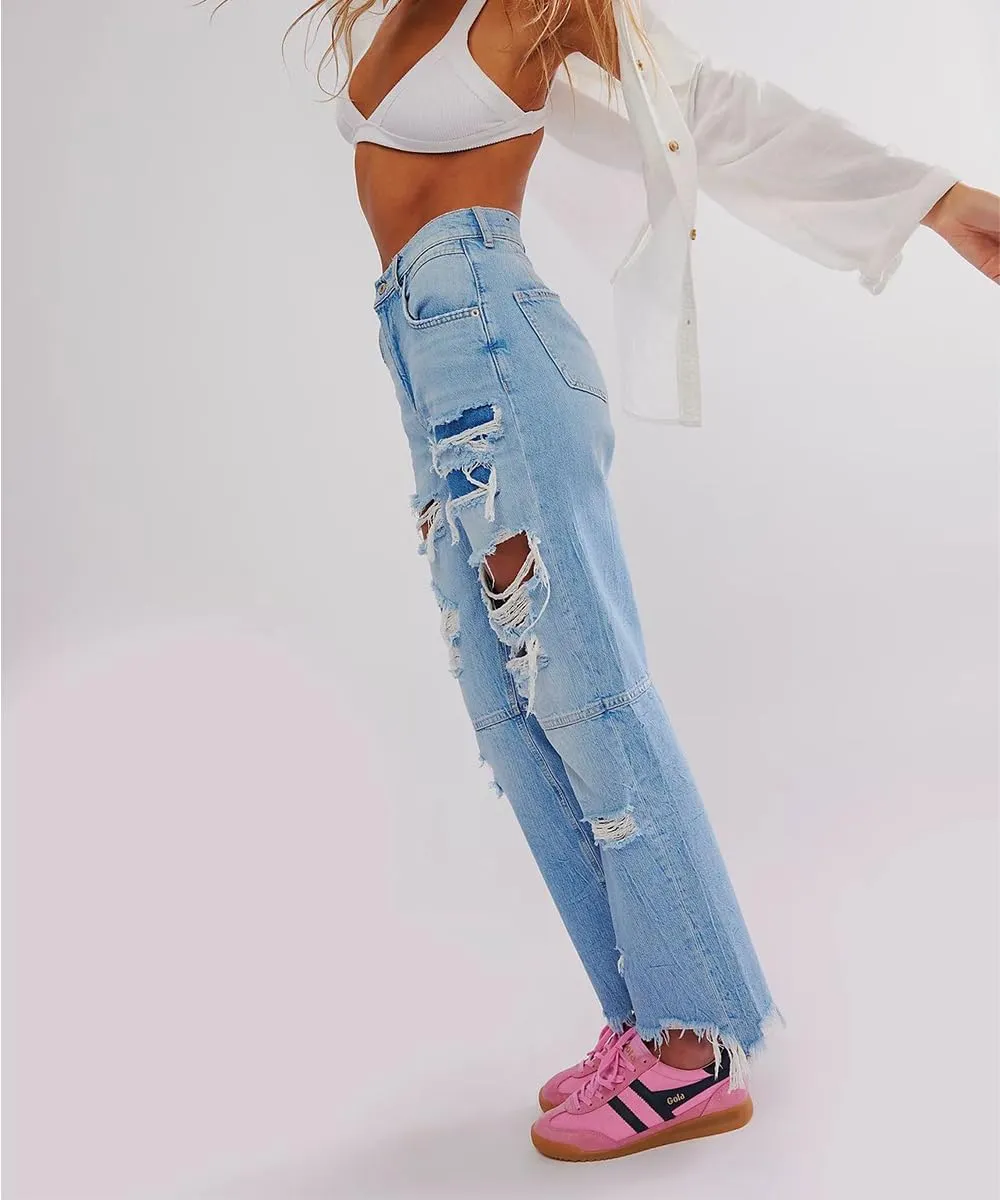 Women's Vintage High Waisted Ripped Jeans Washed Stretchy Skinny Boyfriend Straight Denim Pants